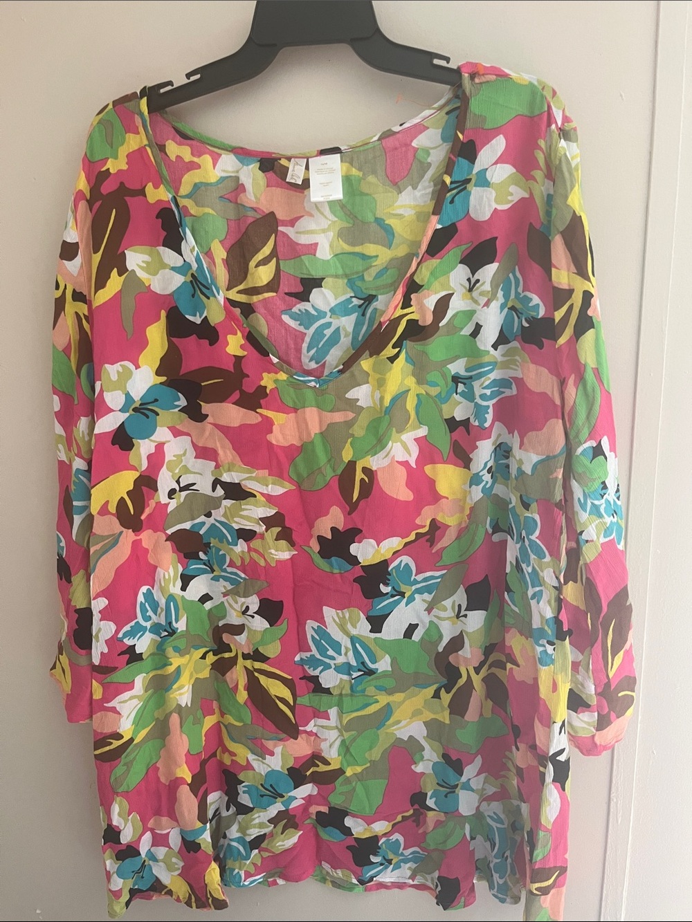 Anne Cole Floral V-Neck Tunic — Pink Green Multi